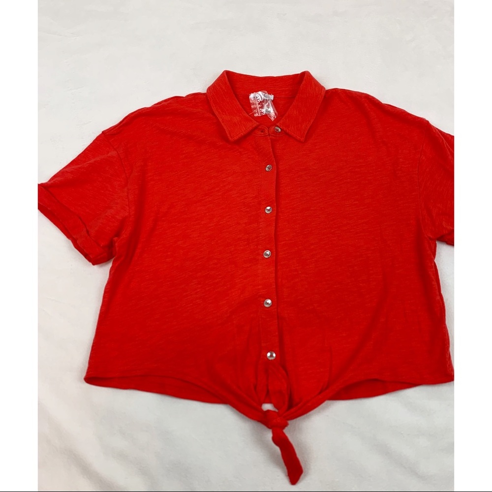Splendid cropped tie waist button up shirt orange